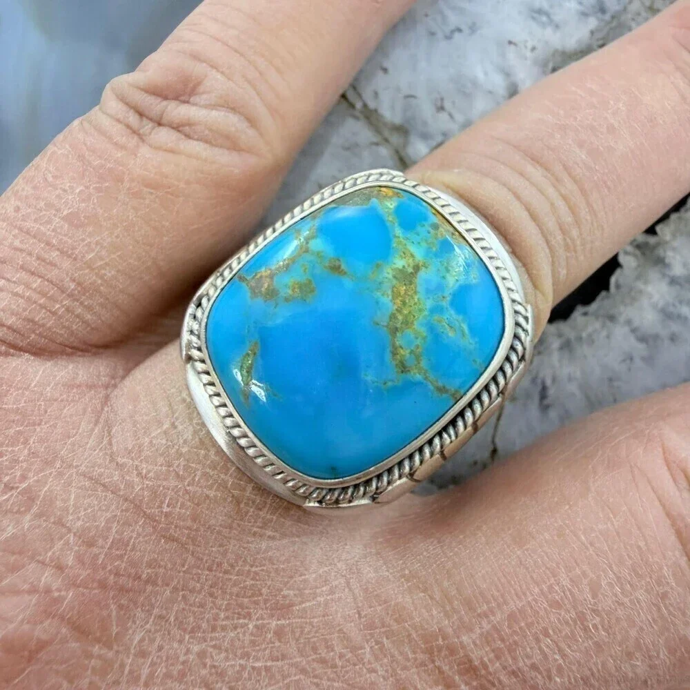 Native American Sterling Square Kingman Turquoise Shield Ring Size 11.25 For Men